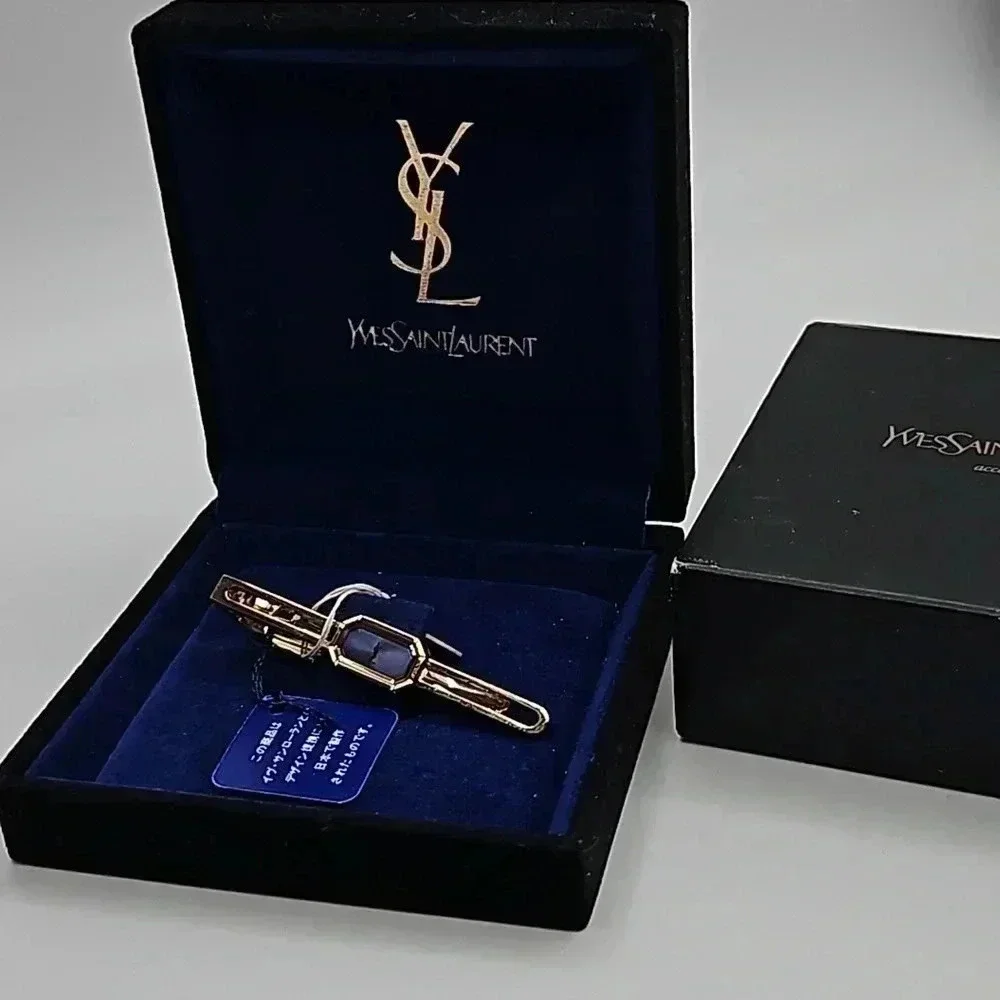 Yves Saint Laurent Gold Tone and Blue Tie Bar New in Box with Tags